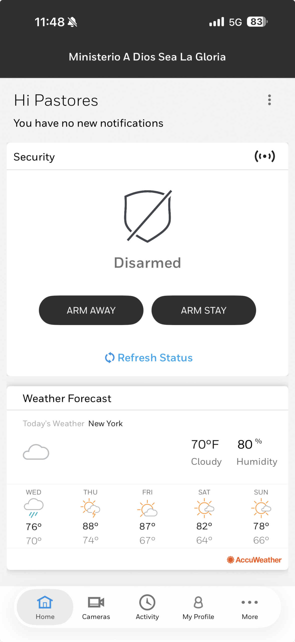 Real Total Connect alarm app status screen