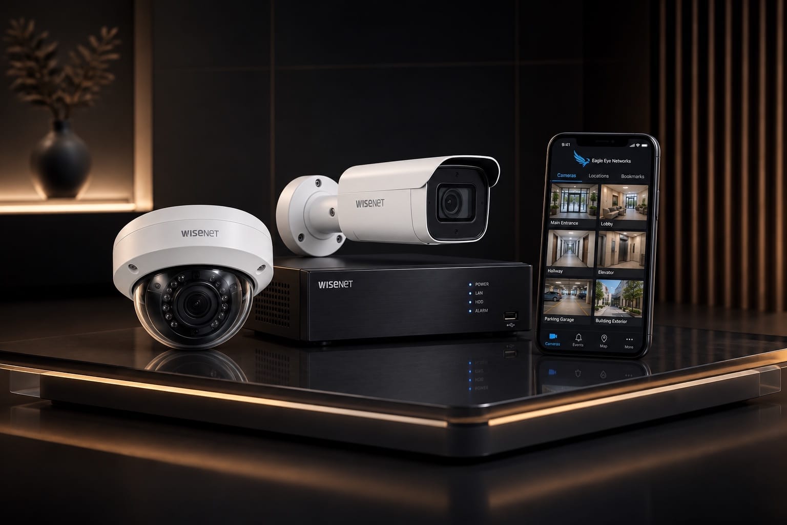 Hanwha Vision security cameras with recorder and Eagle Eye Networks mobile viewing app